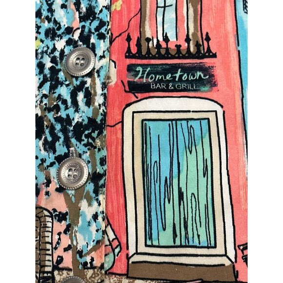 Christopher & Banks PM Stretch Jacket Colorful Town Print Button Up Front - Picture 9 of 11